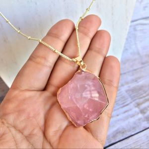 Rose Quartz Crystal 14K Gold Necklace Pendant Boho